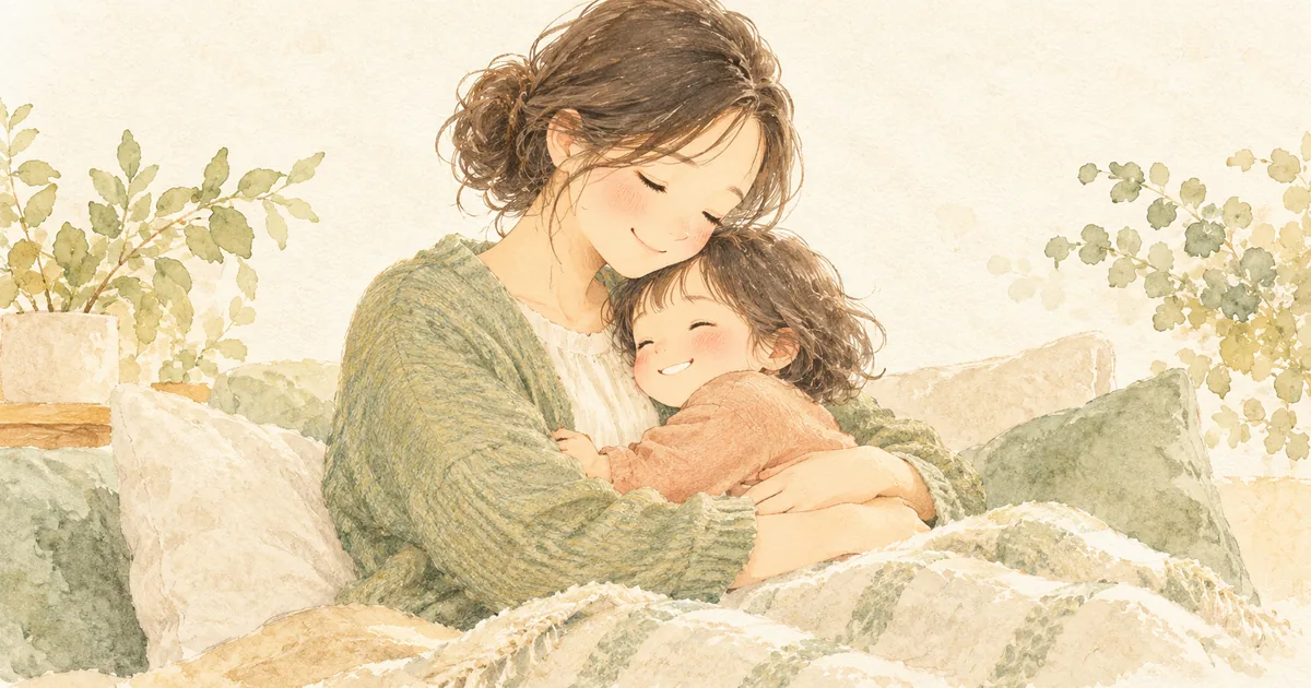 母親と子どもがやさしく抱き合う水彩風のイラスト